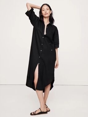 NWOT Banana Republic Linen Asymmetrical Shirt Dress | Black